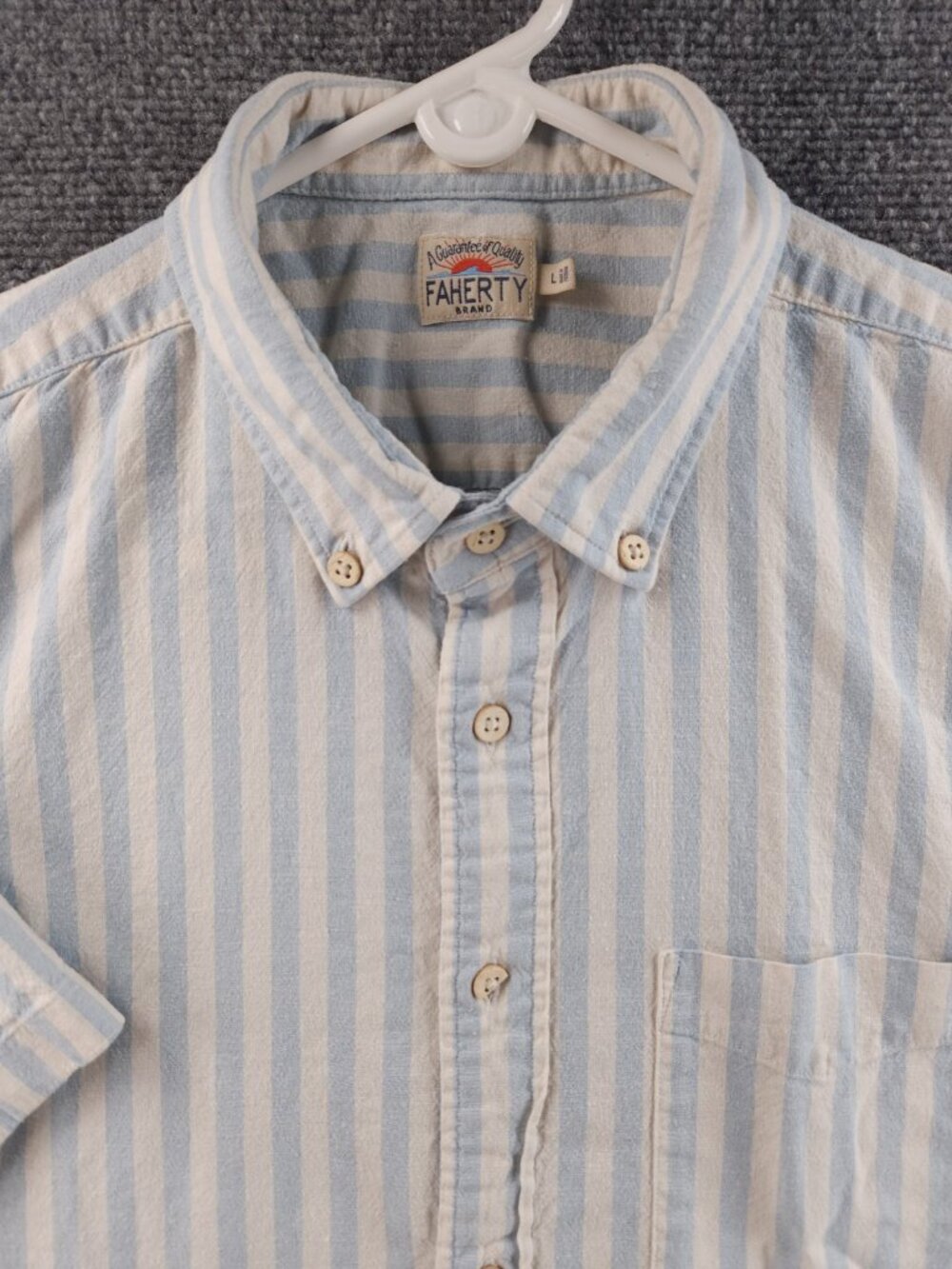 Faherty Button-Down Hemp Tencel Spandex Striped Large Short Sleeve Blue Pocket